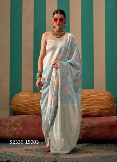 Sky Blue Woven Handloom Linen Saree For Traditional / Religious Occasions