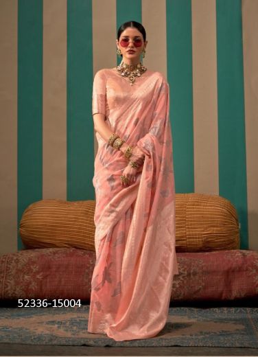 Salmon Pink Woven Handloom Linen Saree For Traditional / Religious Occasions