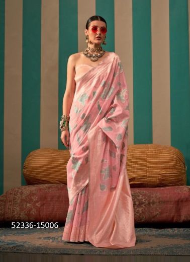 Pink Woven Handloom Linen Saree For Traditional / Religious Occasions