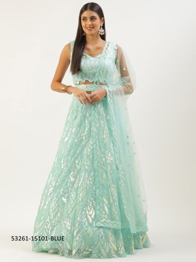 Light Blue Net Sequins-Work Wedding-Wear Gliterring Lehenga Choli