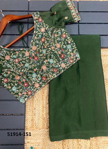 Green Chinon Silk Embroidered Festive-Wear Saree