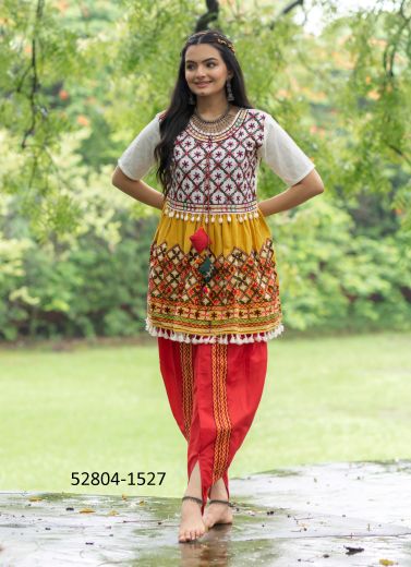 Multicolored Pure Khadi Cotton Gamthi Work Navratri Special Kedia Set