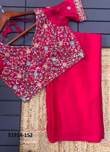 Magenta Chinon Silk Embroidered Festive-Wear Saree
