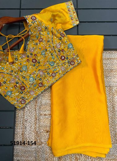 Yellow Chinon Silk Embroidered Festive-Wear Saree