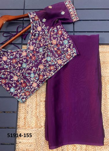 Purple Chinon Silk Embroidered Festive-Wear Saree