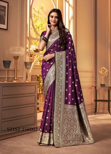 Purple Woven Banarasi Satin Silk Saree For Traditional / Religious Occasions
