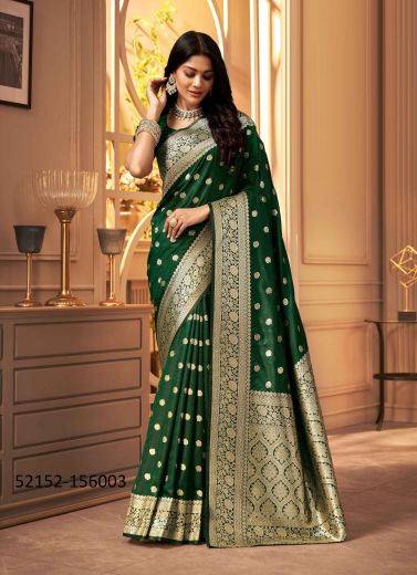Green Woven Banarasi Satin Silk Saree For Traditional / Religious Occasions