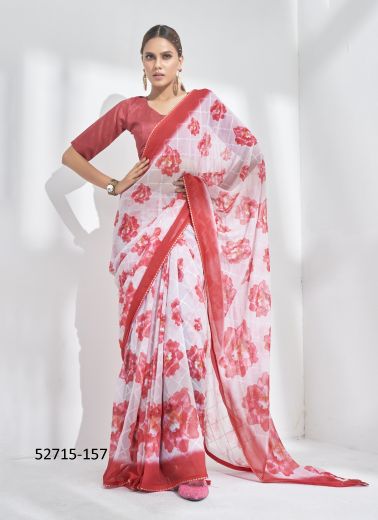 White & Red Georgette Embroidered Party-Wear Beautiful Saree