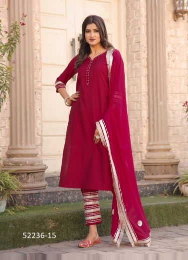 Wine Red Roman Silk Thread-Work Festive-Wear Pant-Bottom Readymade Salwar Kameez