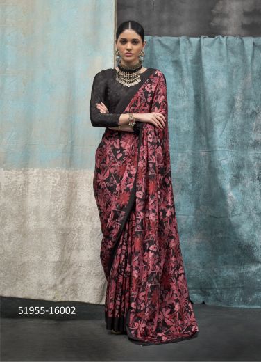 Black & Red Silk Crape Digitally Printed Party-Wear Beautiful Saree