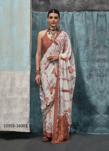 White & Copper Brown Silk Crape Digitally Printed Party-Wear Beautiful Saree