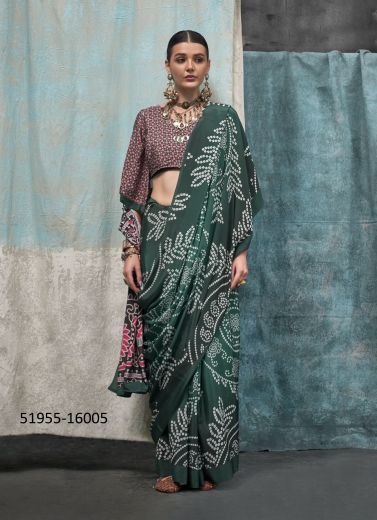 Green & Pink Silk Crape Digitally Printed Party-Wear Beautiful Saree