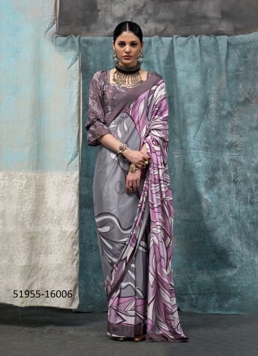 Gray & Lilac Silk Crape Digitally Printed Party-Wear Beautiful Saree