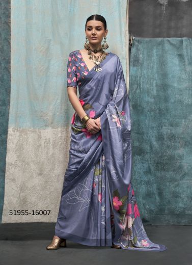 Steel Blue Silk Crape Digitally Printed Party-Wear Beautiful Saree