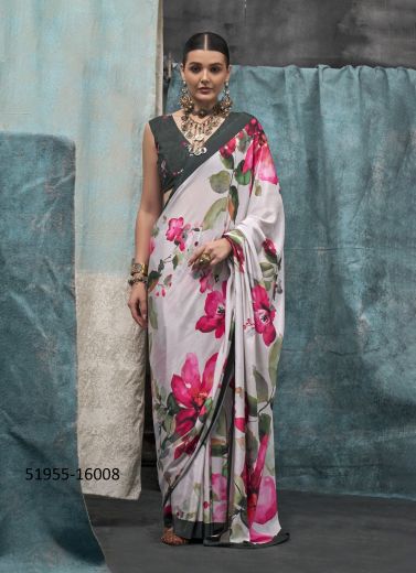 White & Pink Silk Crape Digitally Printed Party-Wear Beautiful Saree