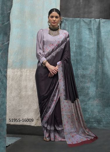 Black & Lilac Silk Crape Digitally Printed Party-Wear Beautiful Saree