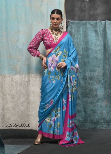 Aqua Blue & Magenta Silk Crape Digitally Printed Party-Wear Beautiful Saree