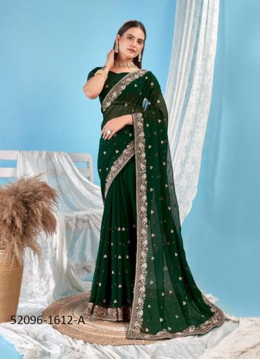 Green Georgette Blooming Embroidered Festive-Wear Boutique-Style Saree