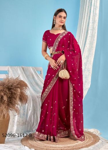 Wine Red Georgette Blooming Embroidered Festive-Wear Boutique-Style Saree