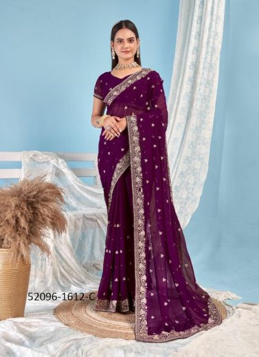 Purple Georgette Blooming Embroidered Festive-Wear Boutique-Style Saree