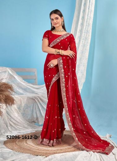 Red Georgette Blooming Embroidered Festive-Wear Boutique-Style Saree