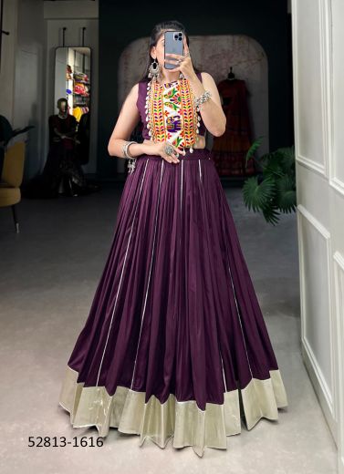 Purple Rayon Gamthi Work Navratri Special Readymade Lehenga Choli [Chaniya Choli For Garba]