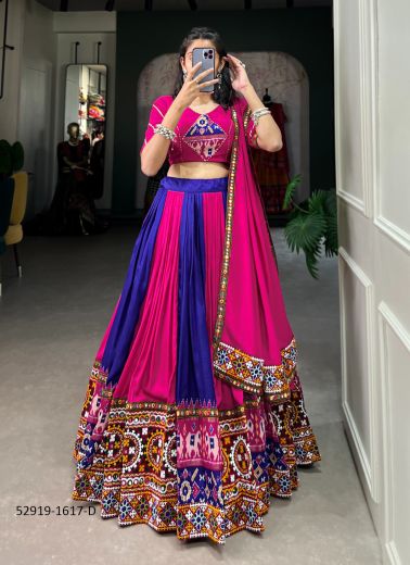 Magenta & Blue Rayon Gamthi Work Navratri Special Readymade Lehenga Choli [Chaniya Choli For Garba]