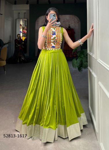 Olive Green Rayon Gamthi Work Navratri Special Readymade Lehenga Choli [Chaniya Choli For Garba]