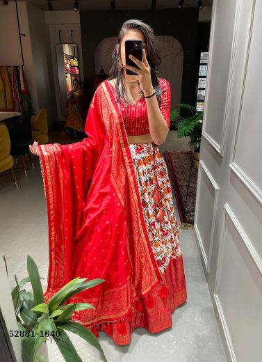 Red & White Dola Silk Patola-Printed Lehenga Choli For Traditional / Religious Occasions