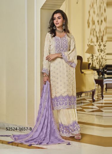 Multicolored Heavy Chinon Embroidered Palazzo-Bottom Readymade Salwar Kameez For Traditional / Religious Occasions