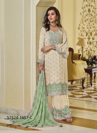 Multicolored Heavy Chinon Embroidered Palazzo-Bottom Readymade Salwar Kameez For Traditional / Religious Occasions