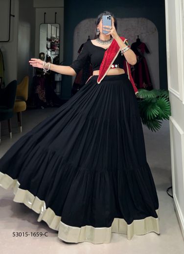 Black Rayon Gamthi Work Navratri Special Readymade Lehenga Choli [Chaniya Choli For Garba]