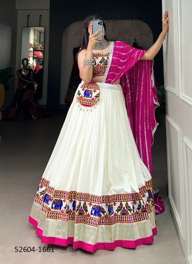 White & Magenta Rayon Gamthi Work Navratri Special Readymade Lehenga Choli [Chaniya Choli For Garba]