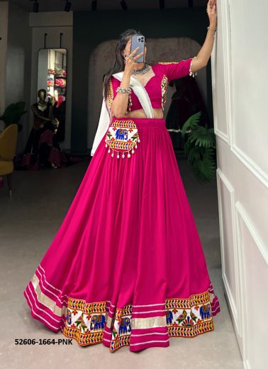 Magenta Pure Rayon Gamthi Work Navratri Special Readymade Lehenga Choli [Chaniya Choli For Garba]