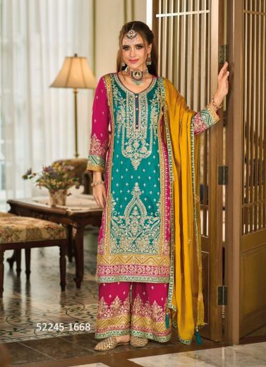 Multicolored Silk Embroidered Pant-Bottom Readymade Salwar Kameez For Traditional / Religious Occasions