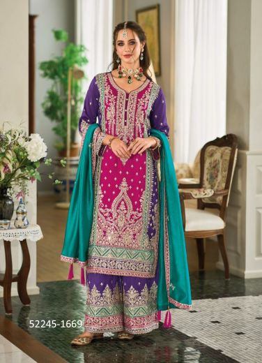 Multicolored Silk Embroidered Pant-Bottom Readymade Salwar Kameez For Traditional / Religious Occasions