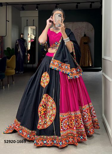 Magenta & Black Cotton Gamthi Work Navratri Special Readymade Lehenga Choli [Chaniya Choli For Garba]