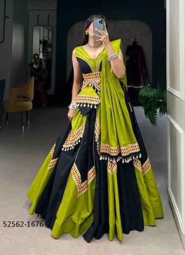 Olive Green & Black Cotton Gamthi Work Navratri Special Lehenga Choli [Chaniya Choli For Garba]