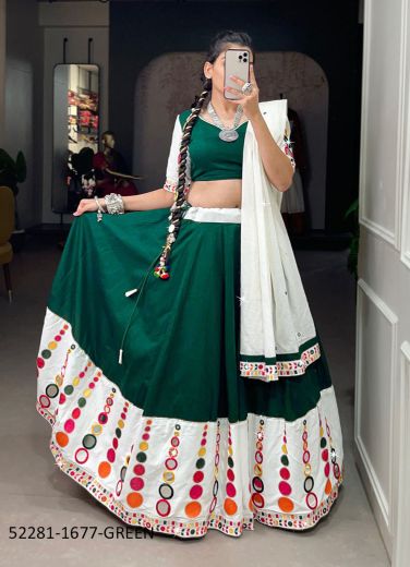 Green & White Cotton Mirror-Work Festive-Wear Navratri Special Readymade Lehenga Choli