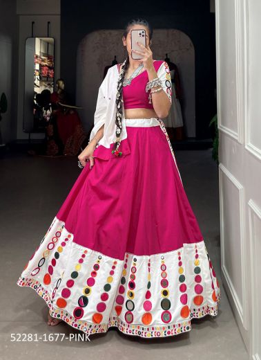 Magenta & White Cotton Mirror-Work Festive-Wear Navratri Special Readymade Lehenga Choli