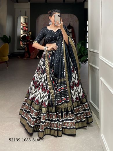 Black & White Tussar Silk Digitally Printed Bandhani-Dupatta Lehenga Choli For Traditional / Religious Occasions