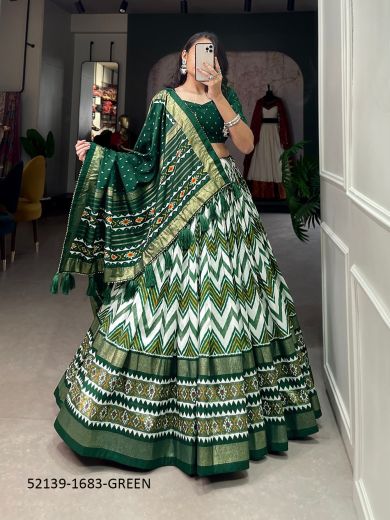 Green & White Tussar Silk Digitally Printed Bandhani-Dupatta Lehenga Choli For Traditional / Religious Occasions