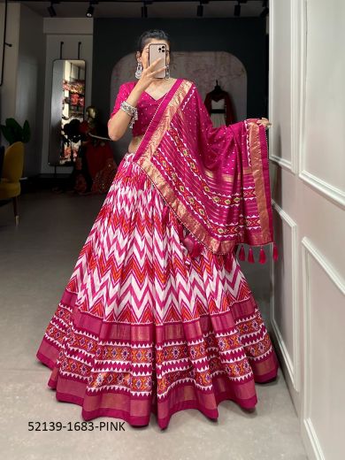 Magenta & White Tussar Silk Digitally Printed Bandhani-Dupatta Lehenga Choli For Traditional / Religious Occasions