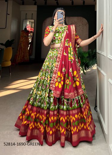 Green & Wine Tussar Silk Patola-Printed Lehenga Choli For Traditional / Religious Occasions