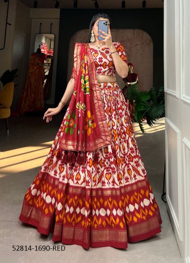 Maroon & White Tussar Silk Patola-Printed Lehenga Choli For Traditional / Religious Occasions