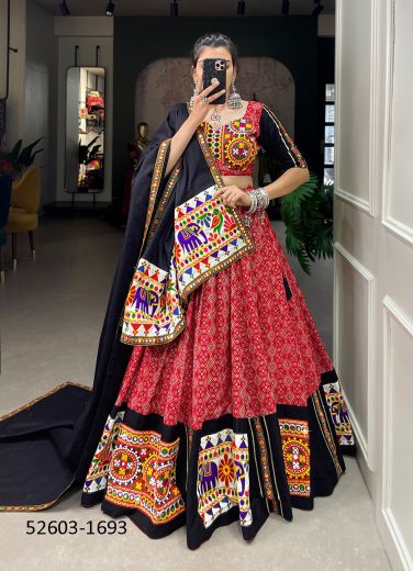 Red & Black Cotton Gamthi Work Navratri Special Readymade Lehenga Choli [Chaniya Choli For Garba]