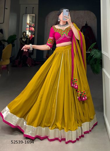 Mustard Yellow & Magenta Rayon Gamthi Work Navratri Special Lehenga Choli [Chaniya Choli For Garba]