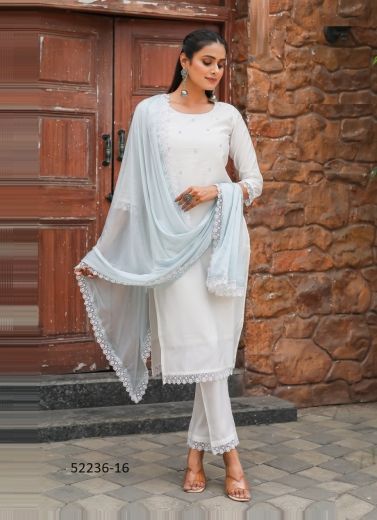 White Roman Silk Thread-Work Festive-Wear Pant-Bottom Readymade Salwar Kameez