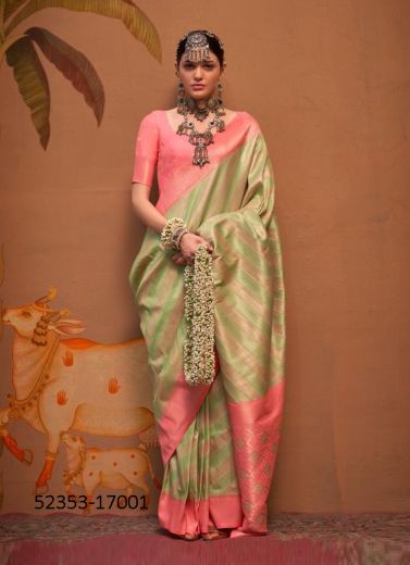 Light Green & Pink Handloom Woven Silk Saree For Traditional / Religious Occasions