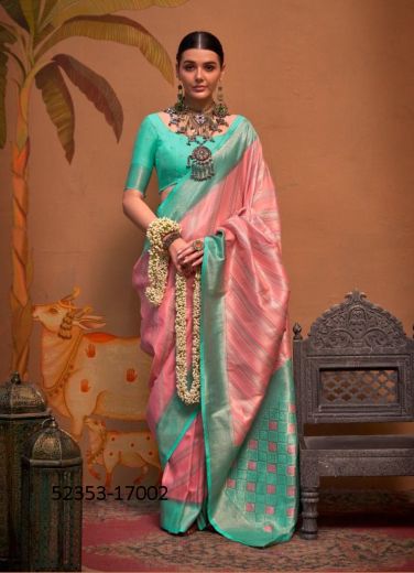 Pink & Aqua Handloom Woven Silk Saree For Traditional / Religious Occasions